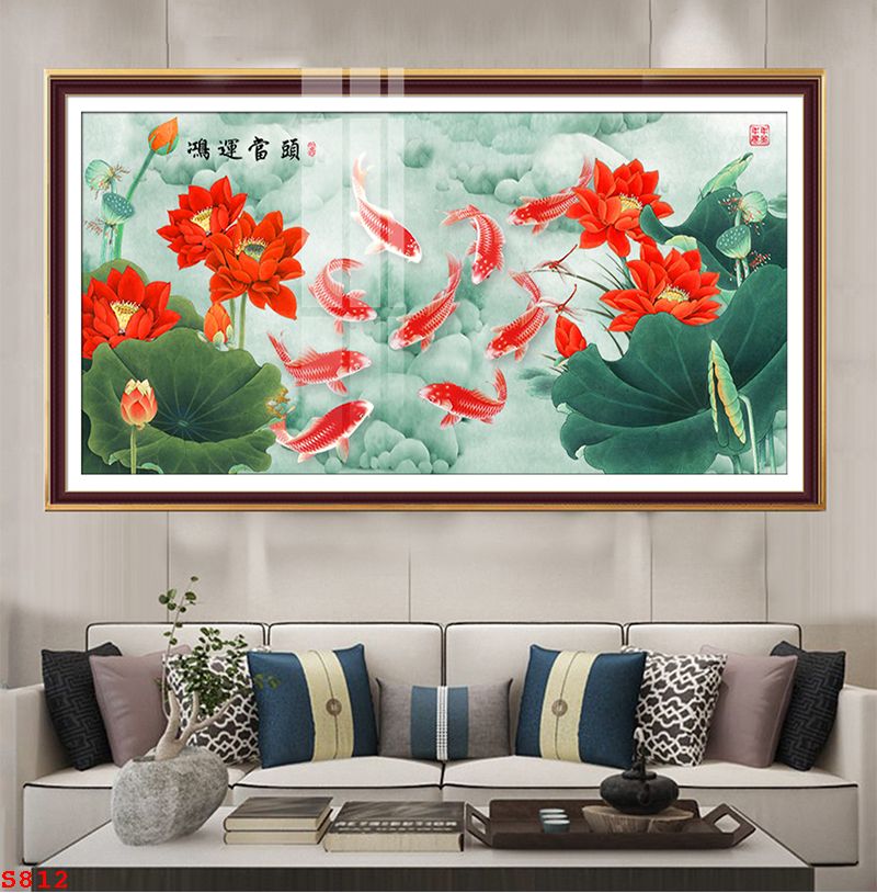 tranh-trang-guong-phong-thuy-ca-chep-hoa-sen-s812